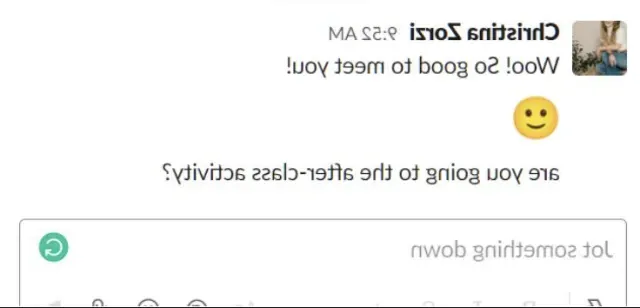 克里斯蒂娜·佐兹在Slack上直接发了一条信息，说:“哇! 很高兴见到你! 你要去参加课外活动吗?"